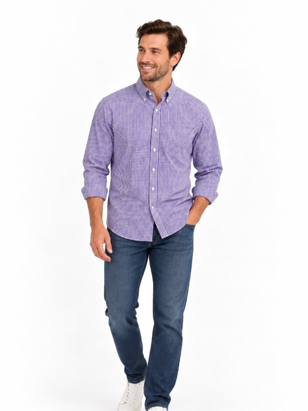 Saddlebred Traveler Mens M Purple Gingham Button Down Shirt Classic Fit Stretch